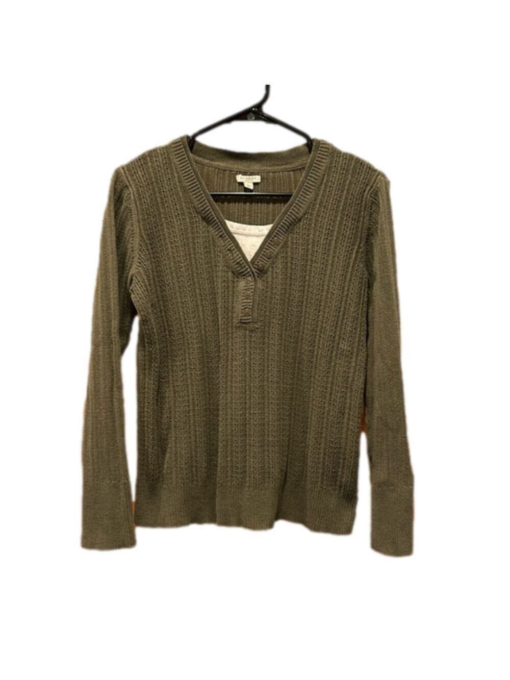 Olive Green Knit Sweater with Illusion of White Under Shirt Size Large